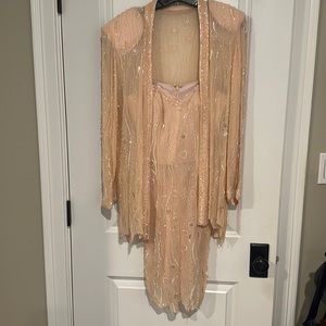 Sequin, Peach Designer Dress & matching Jacket, Size 4.